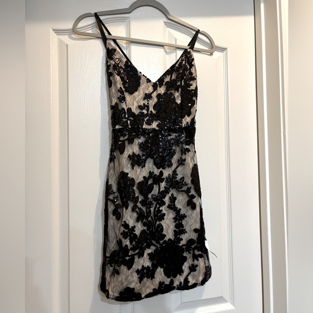 Glitter lace over nude spaghetti strap mini dress. NWT